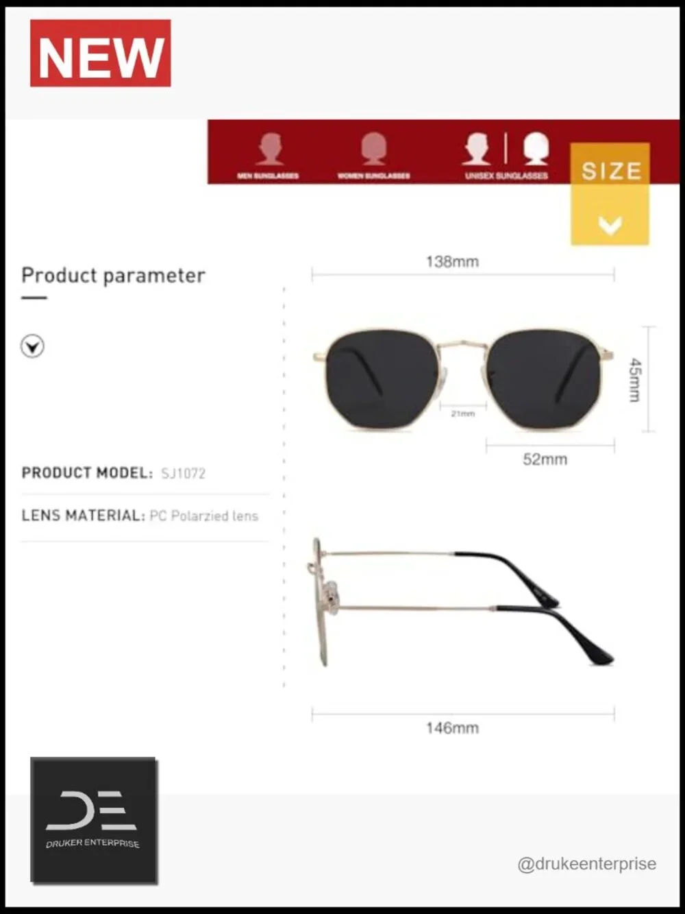 Square Polarized Sunglasses for Women Men Hexagonal Polygon UV400 Metal Frame